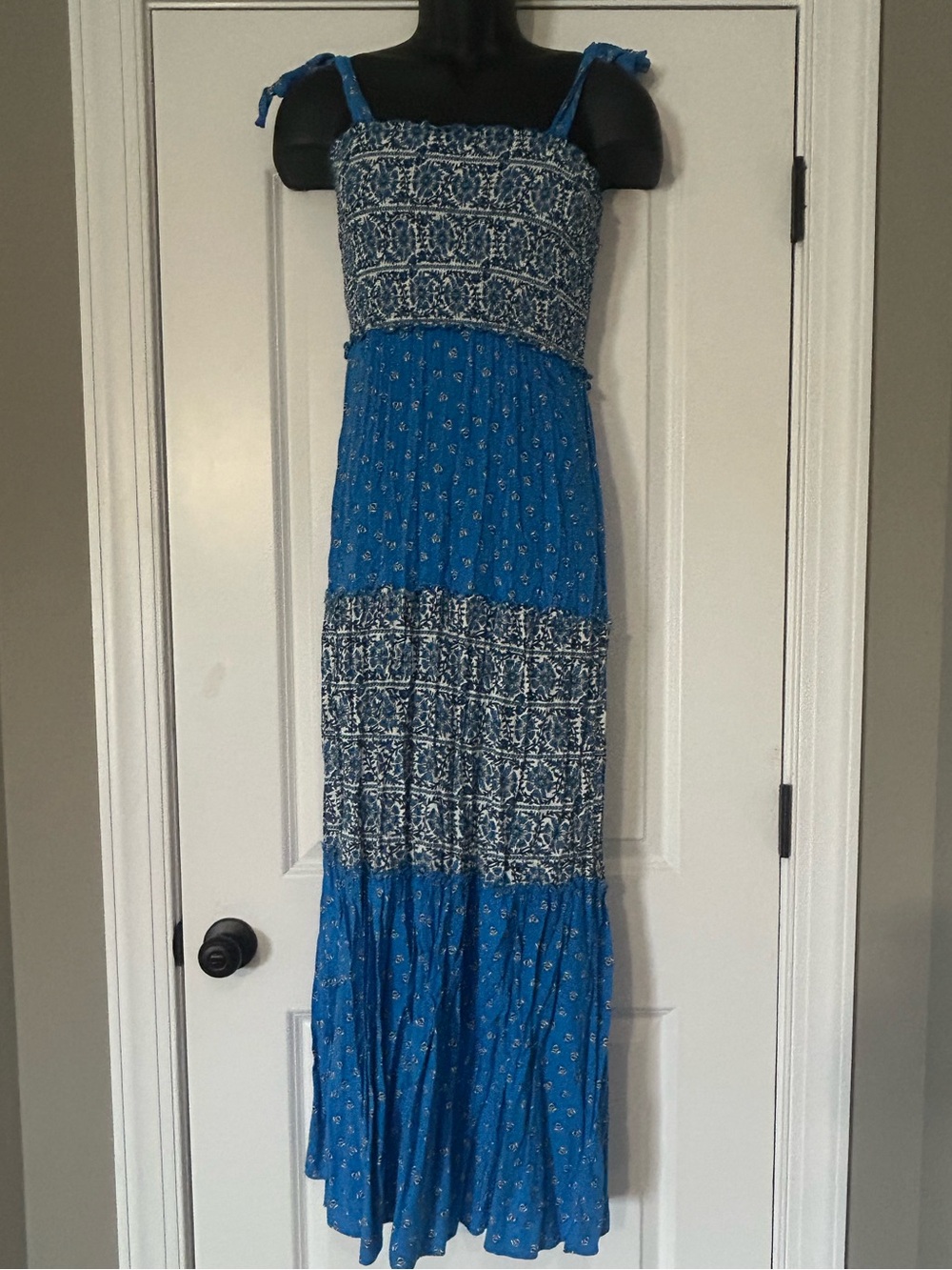 BeBop Blue Printed Smocked Tiered Maxi Dress